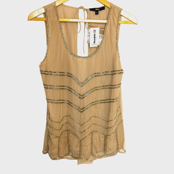 Buckle Tops - Buckle Sheer Mesh Lined‎ Back Tie Tan Gold Beaded Tank Top Size Small NWT